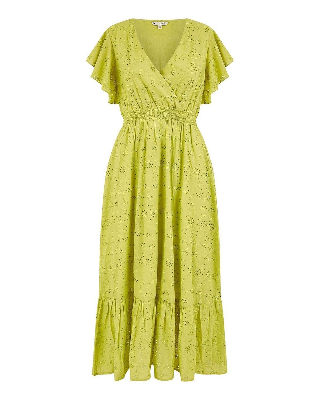 Yumi' Yellow Lime Cotton Broderie Anglaise Wrap Midi Dress