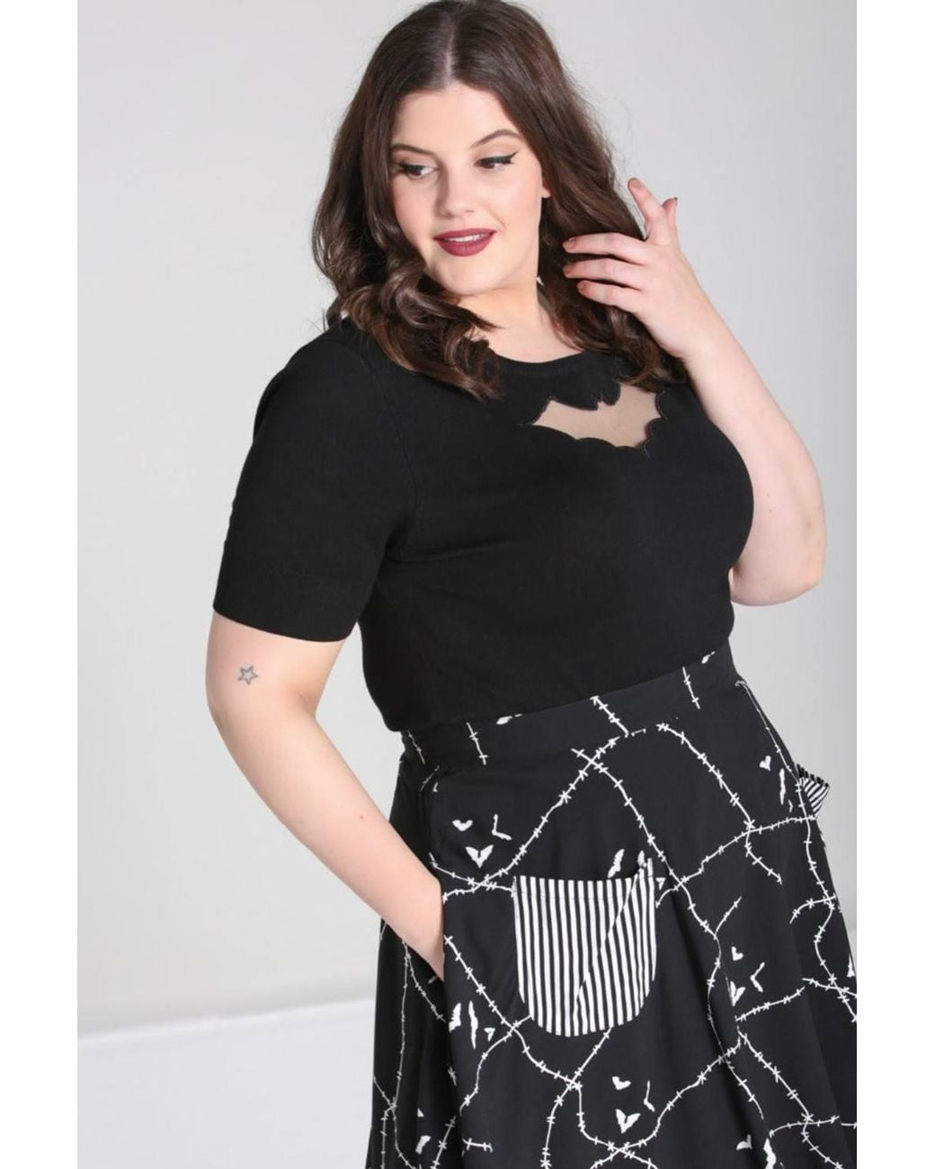 Hell Bunny Black Stitches Bat Print Mini Skirt With Contrast Pocket Details
