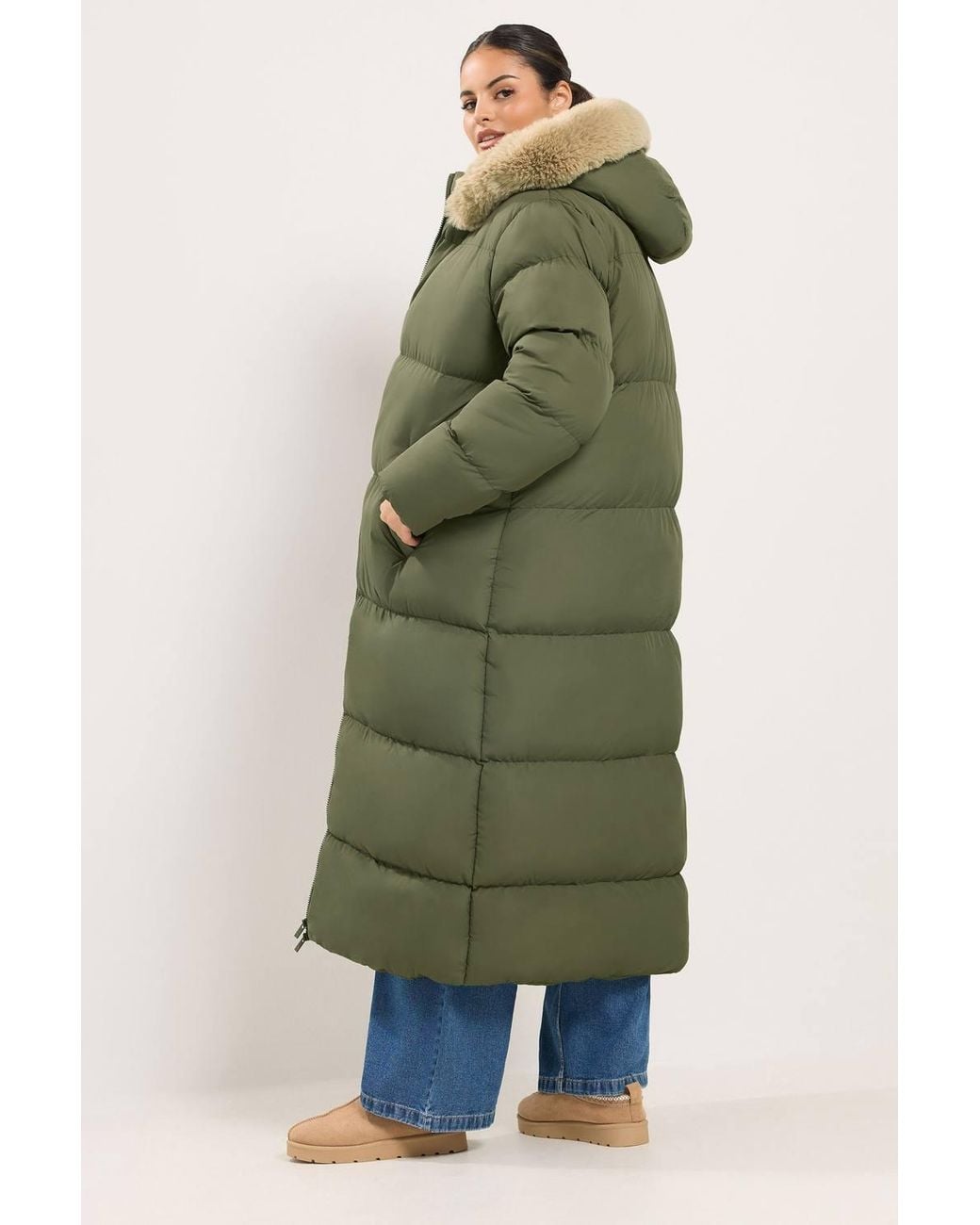 Yours Green Faux Fur Trim Padded Puffer Coat