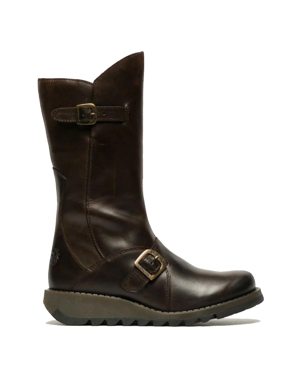 Infinity Leather Black Fly London Mes 2 Wedge Heel Buckle Mid-Calf Leather Zip Platform Boots