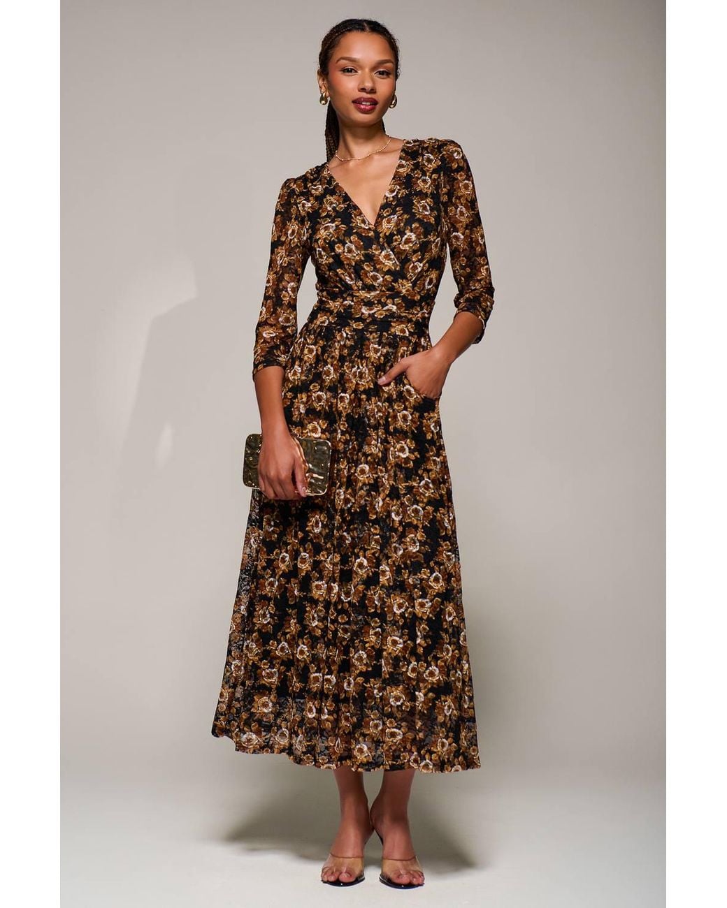 Jolie Moi Brown Three Quarter Sleeve Printed Lace Maxi Dress