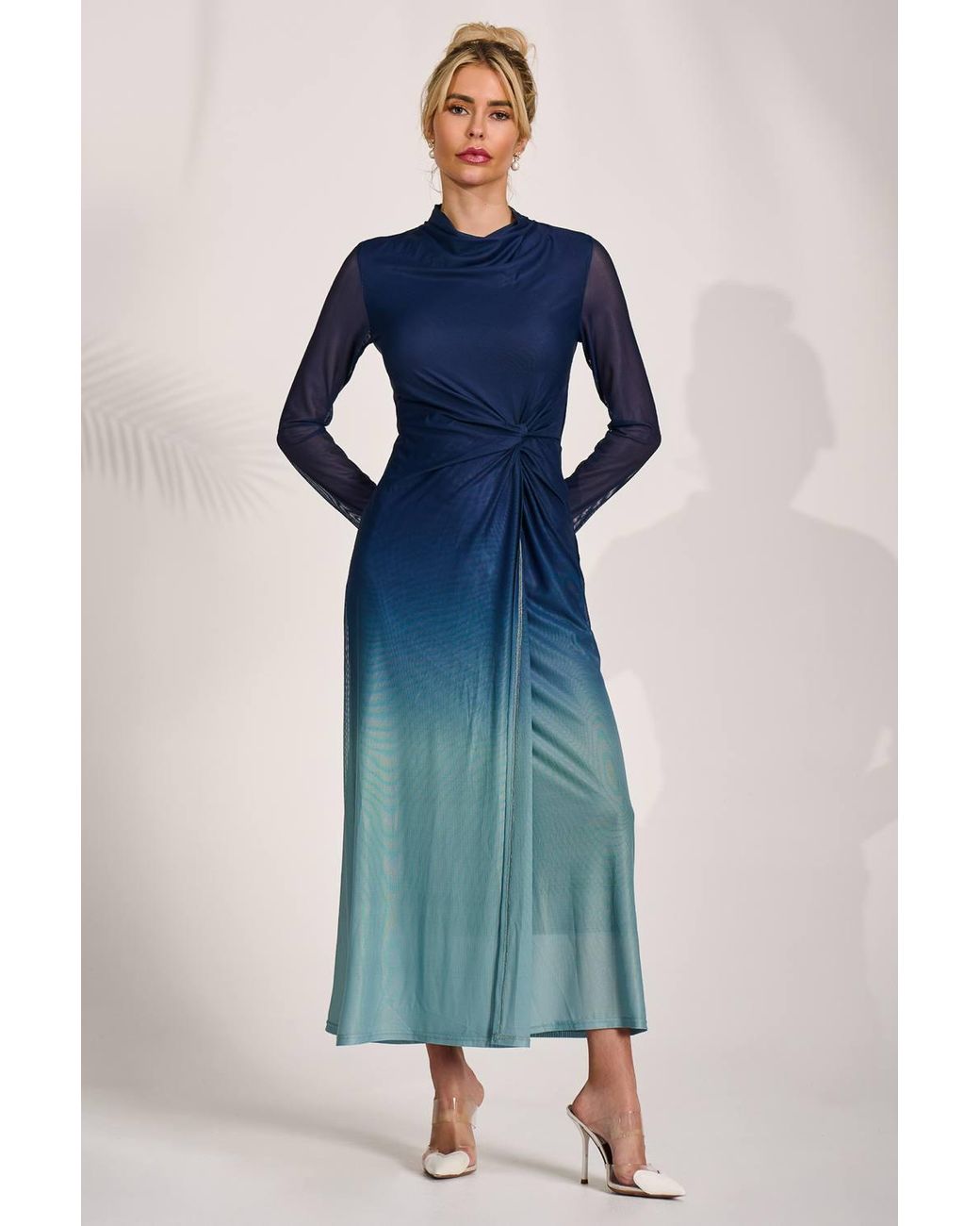 Jolie Moi Blue Petite Long Sleeve Mesh Maxi Dress