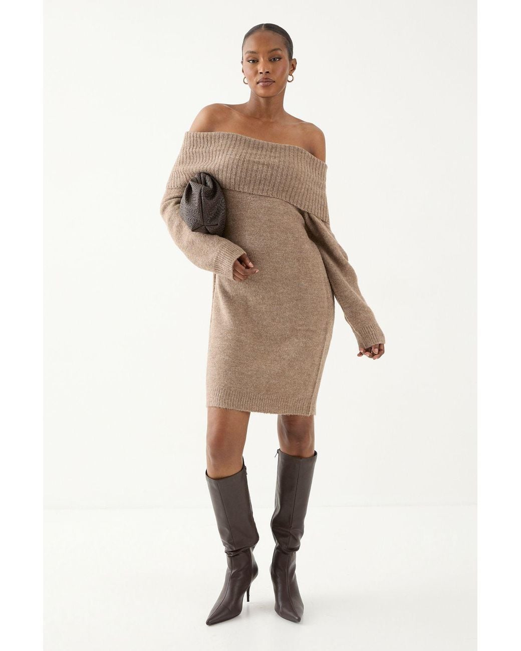 MissPap Natural Premium Knit Bardot Foldover Jumper Dress