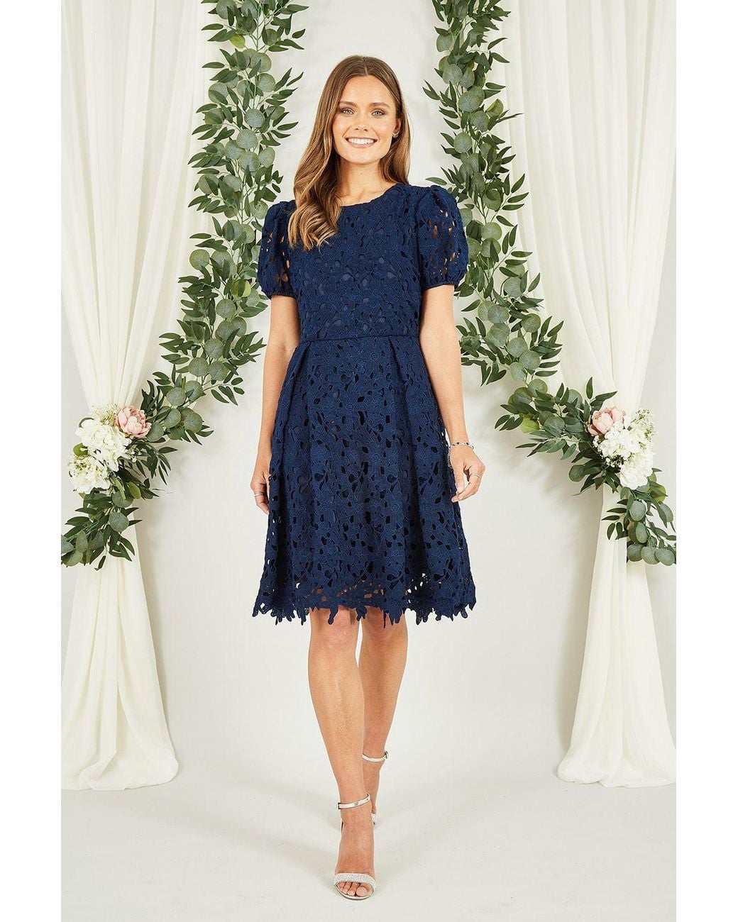 Yumi' Blue Lace Skater Dress With Puff Sleeves