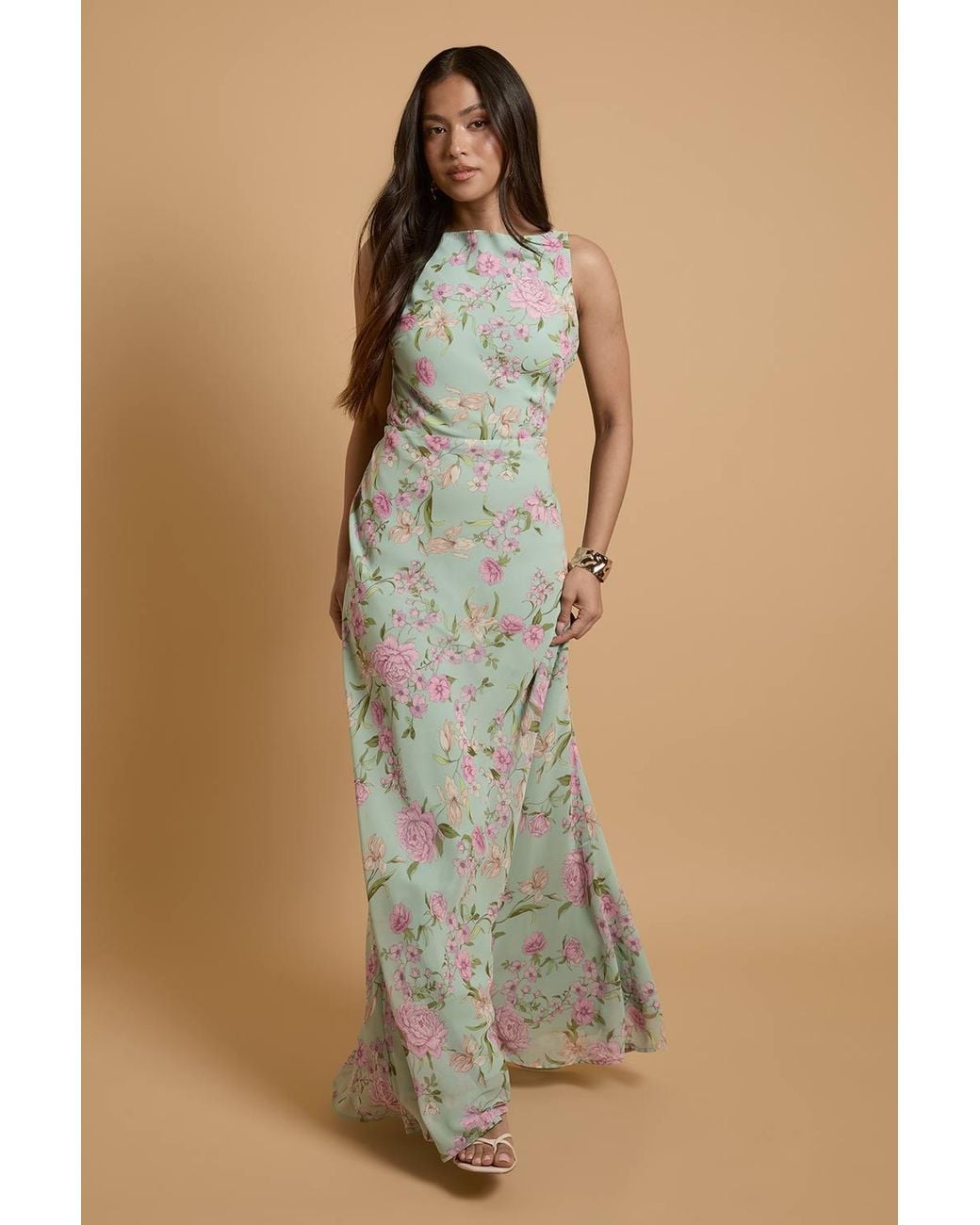 Oasis Natural Petite Lace Cowl Back Chiffon Printed Maxi Dress