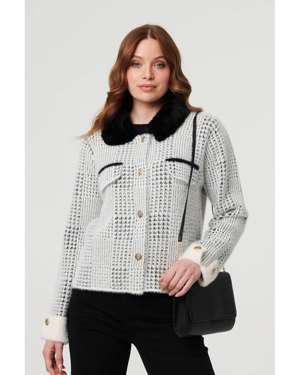Izabel London Gray Checked Faux Fur Long Sleeve Jacket