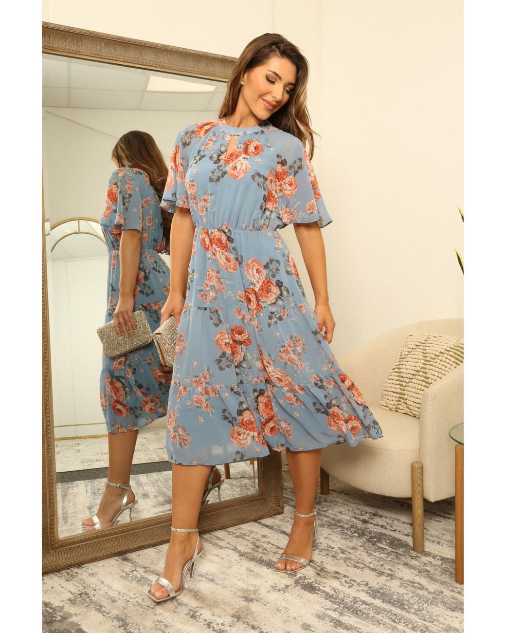Double Second Blue Floral Floaty Raglan Sleeve Tiered Dress