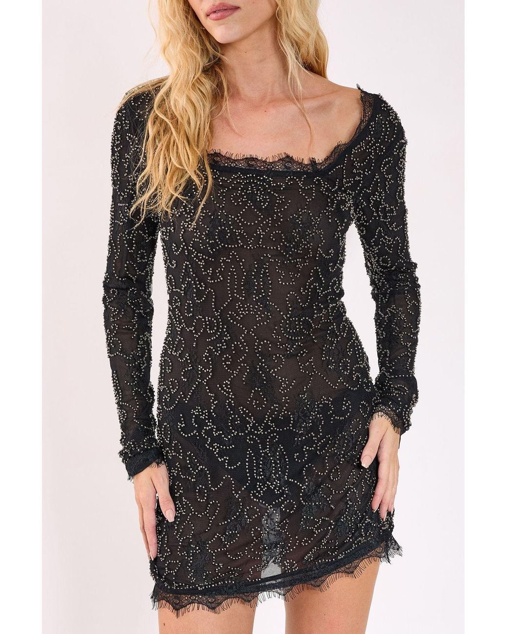 Nasty Gal Black Lace Hand Embellished Long Sleeve Mini Dress
