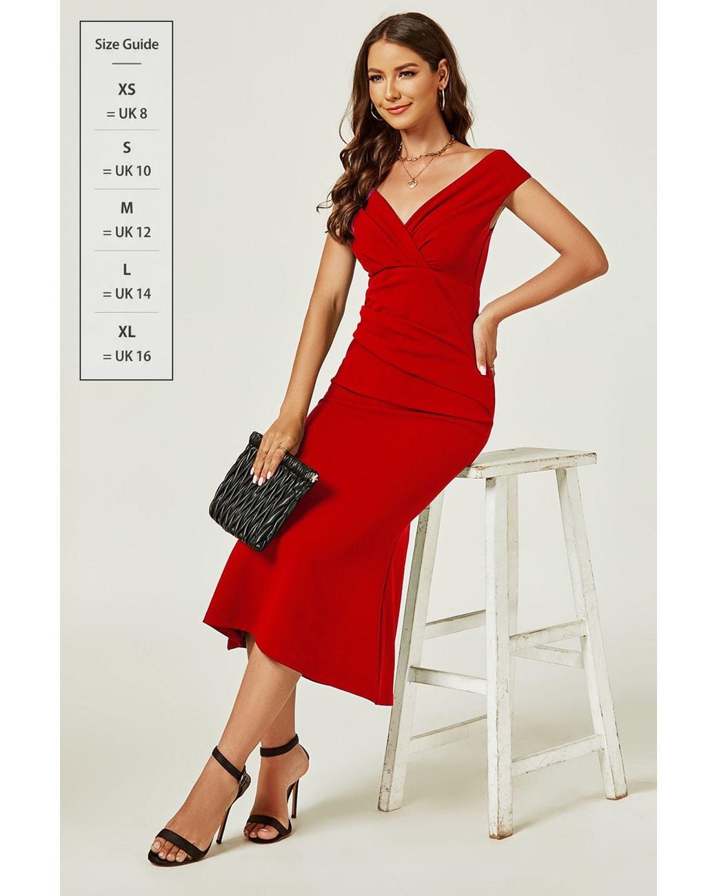 FS Collection Red Bardot Pleated Midi Dress