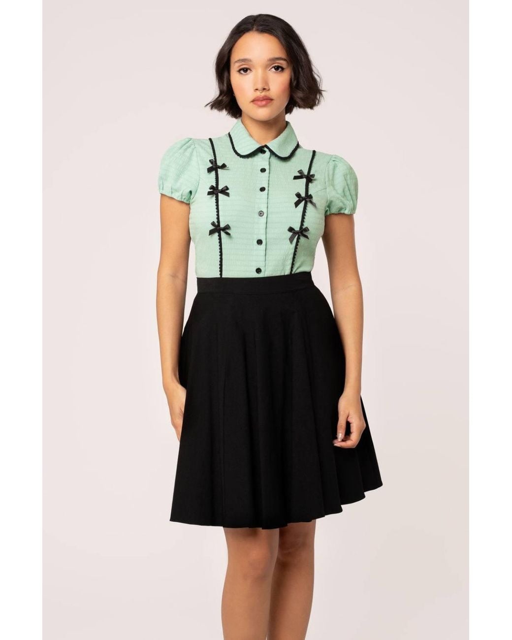 Hell Bunny Green Casey Semi Fitted Curved Collar Blouse
