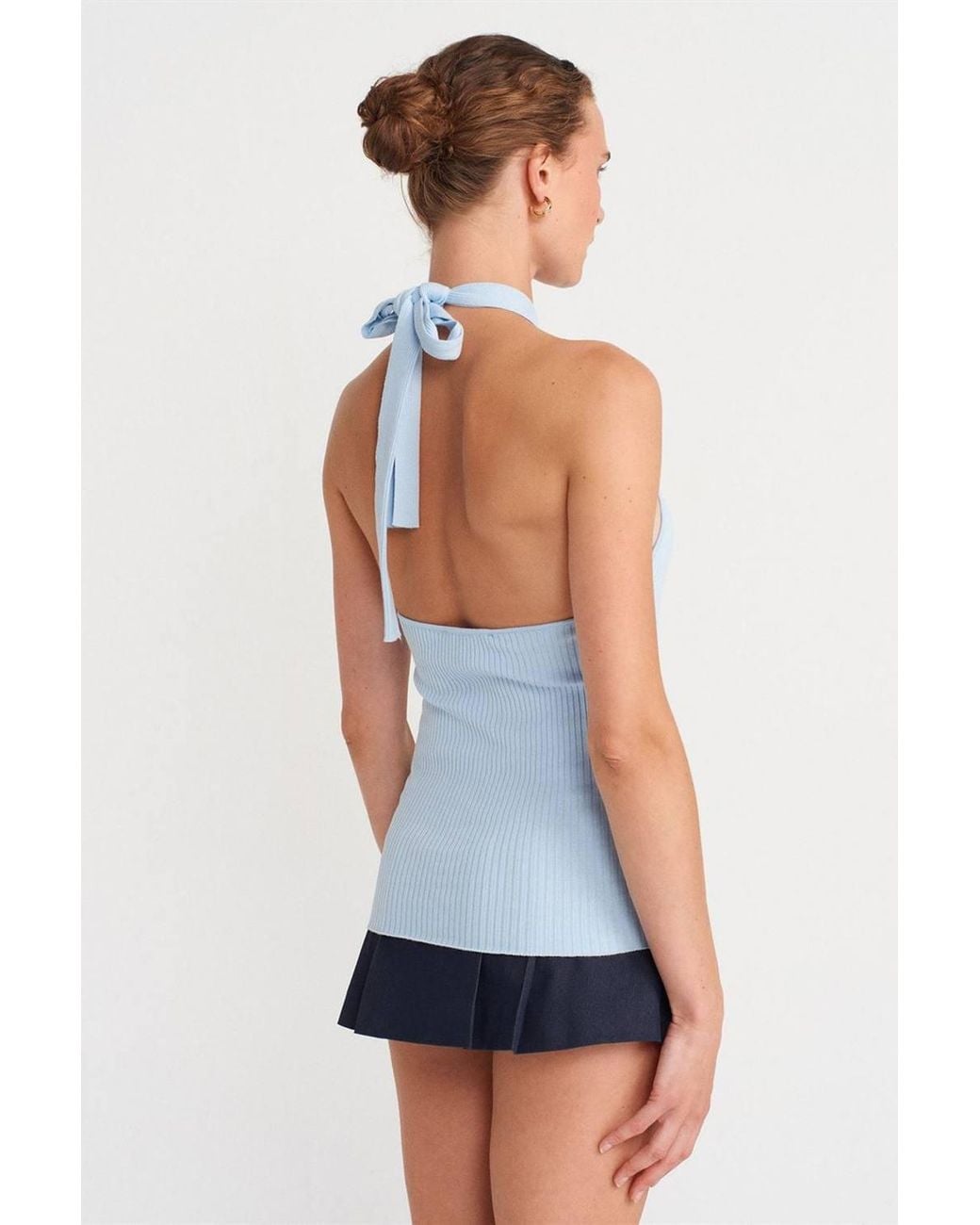 Dilvin Blue Ribbed Halterneck Slim-Fit Blouse