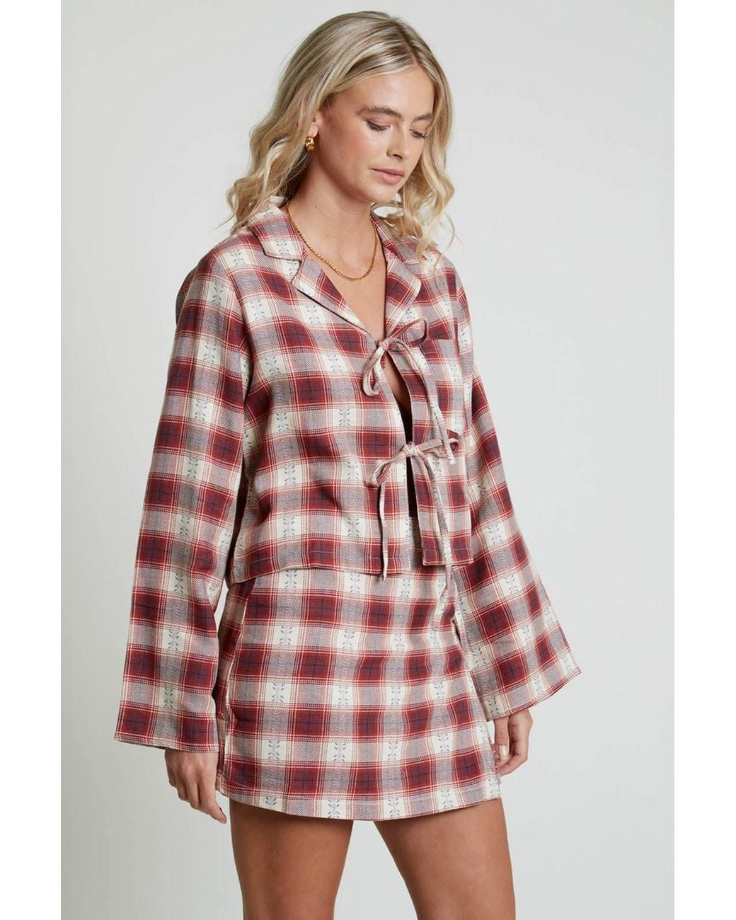 Native Youth Red Cotton Checked Tie-Front Long Sleeve Shirt