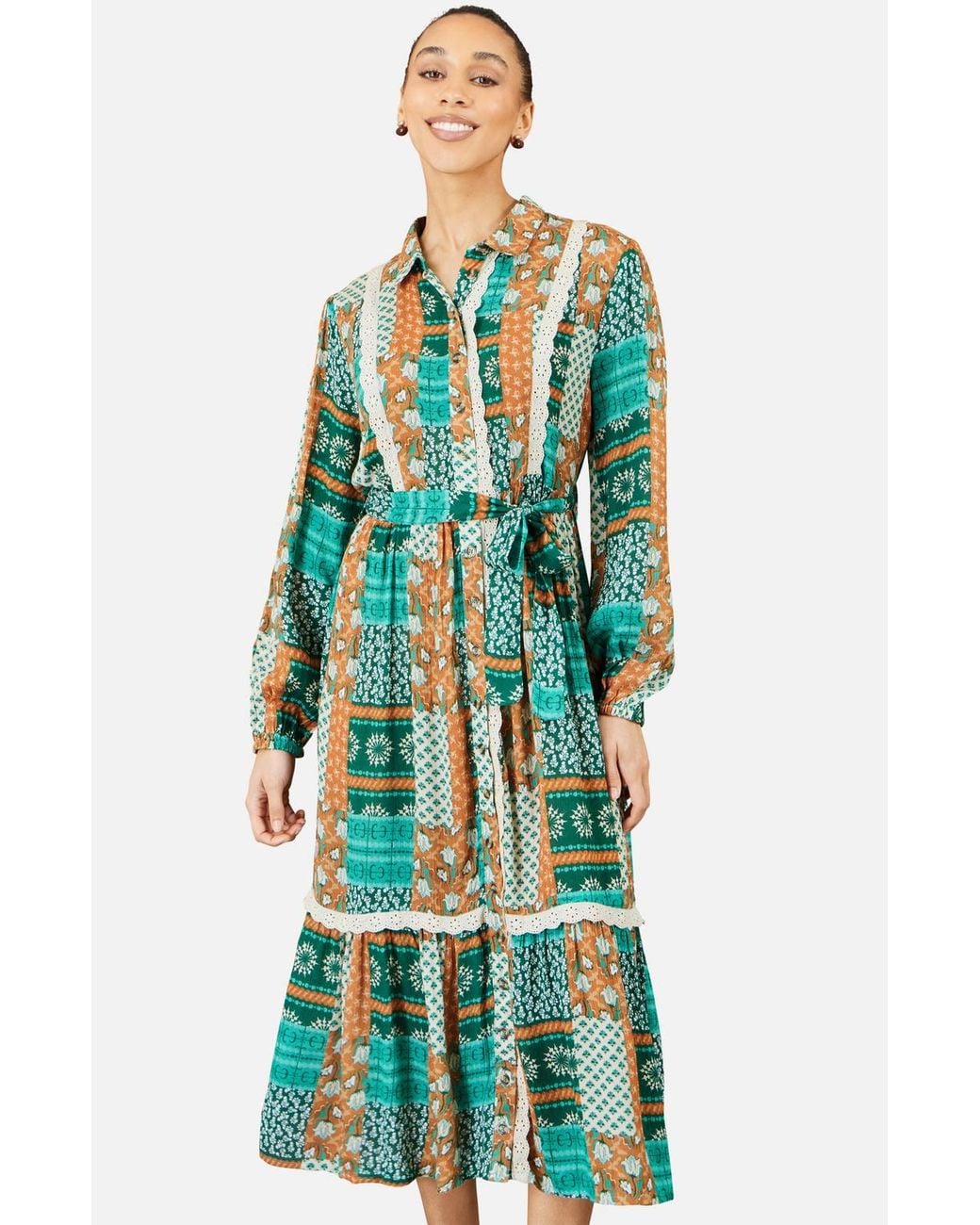 Yumi' Green Patchwork Viscose Midi Shirt Dress