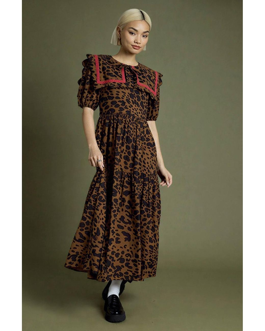 Neon Rose Green Cotton Leopard Print Crochet Trim Midi Dress