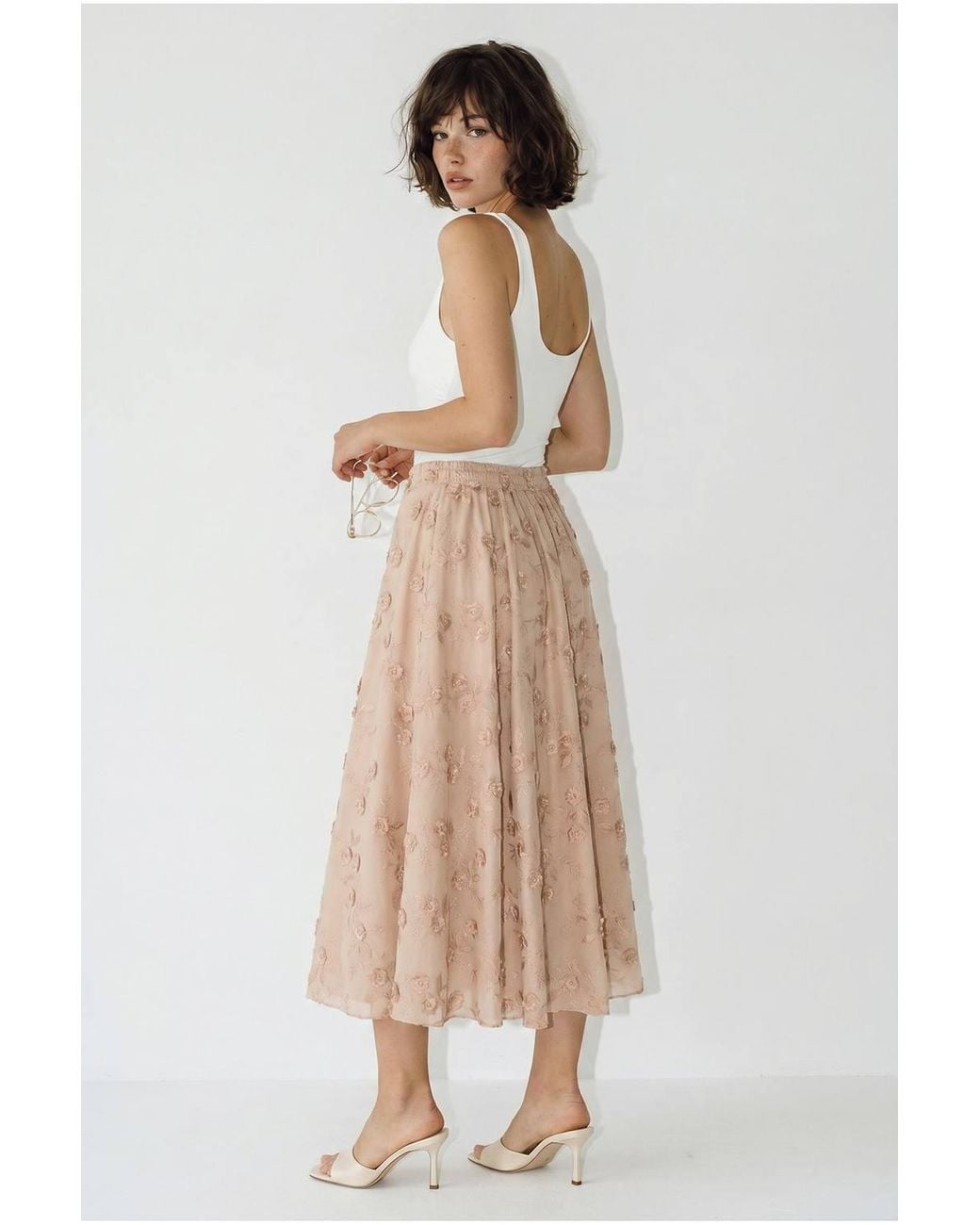 Bianco Lucci Natural Embroidered High-Waist Midi A-Line Skirt