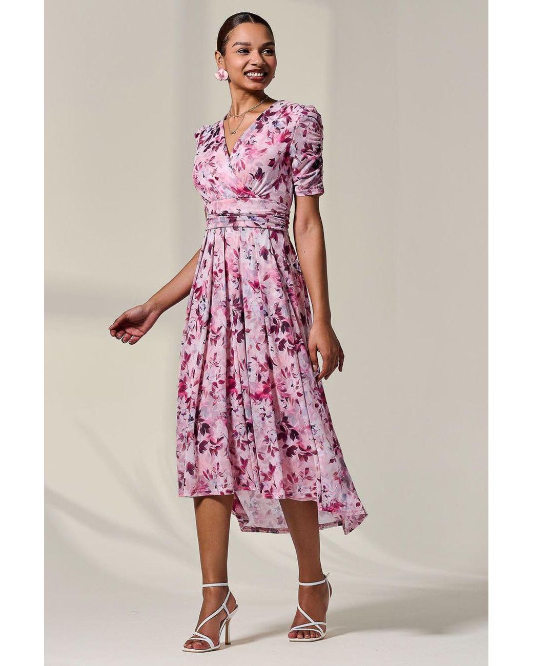 Jolie Moi Pink Petite Wrap Front Ruched Sleeve Midi Dress