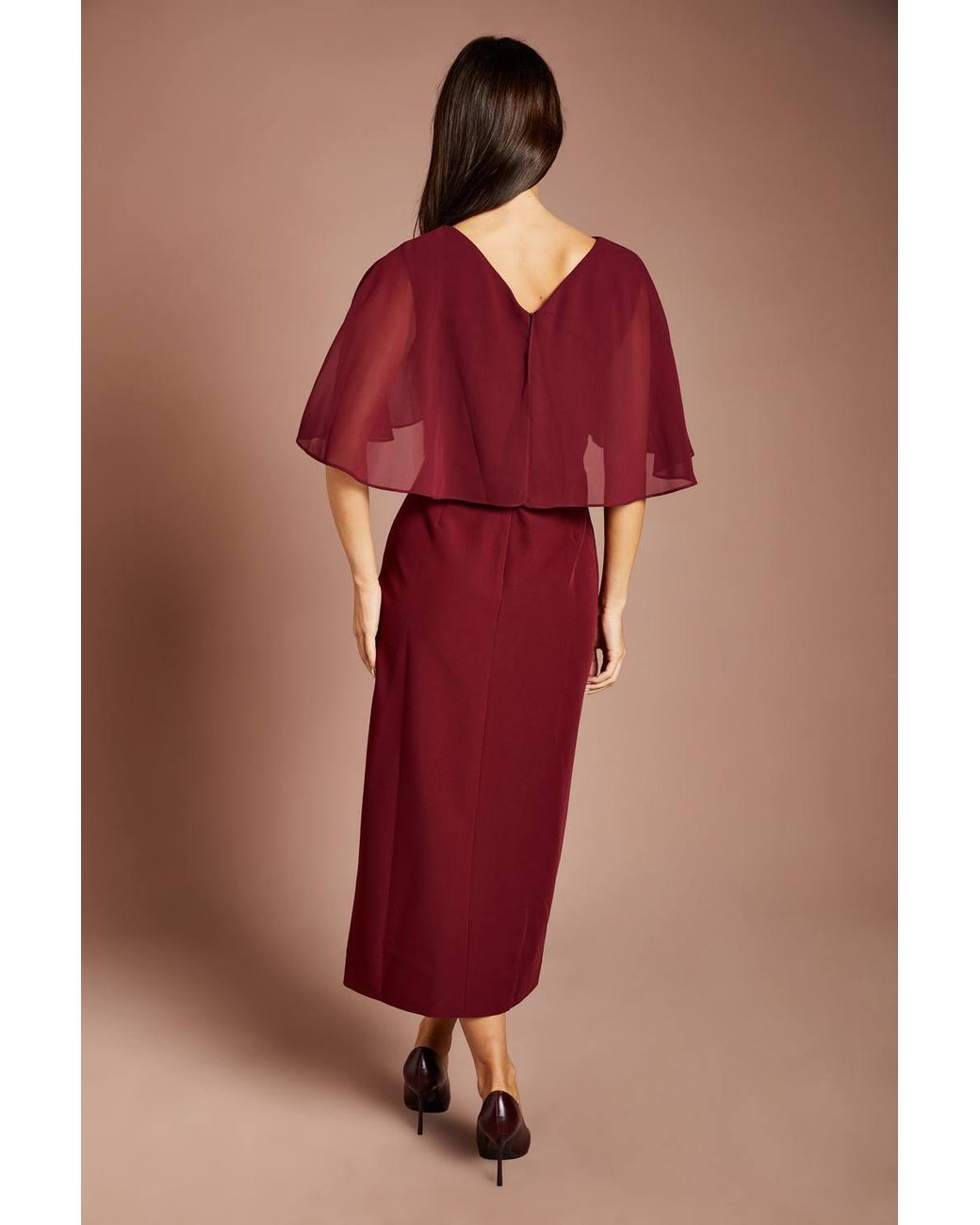 Coast Red Chiffon Cape Pencil Midi Dress