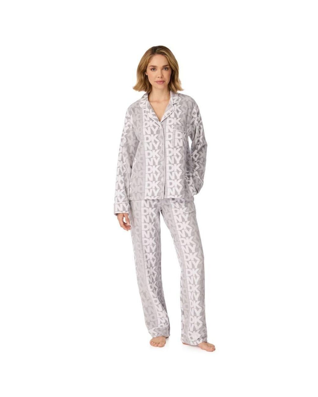 DKNY Gray Long Sleeve Notch Top & Pant Sleep Set