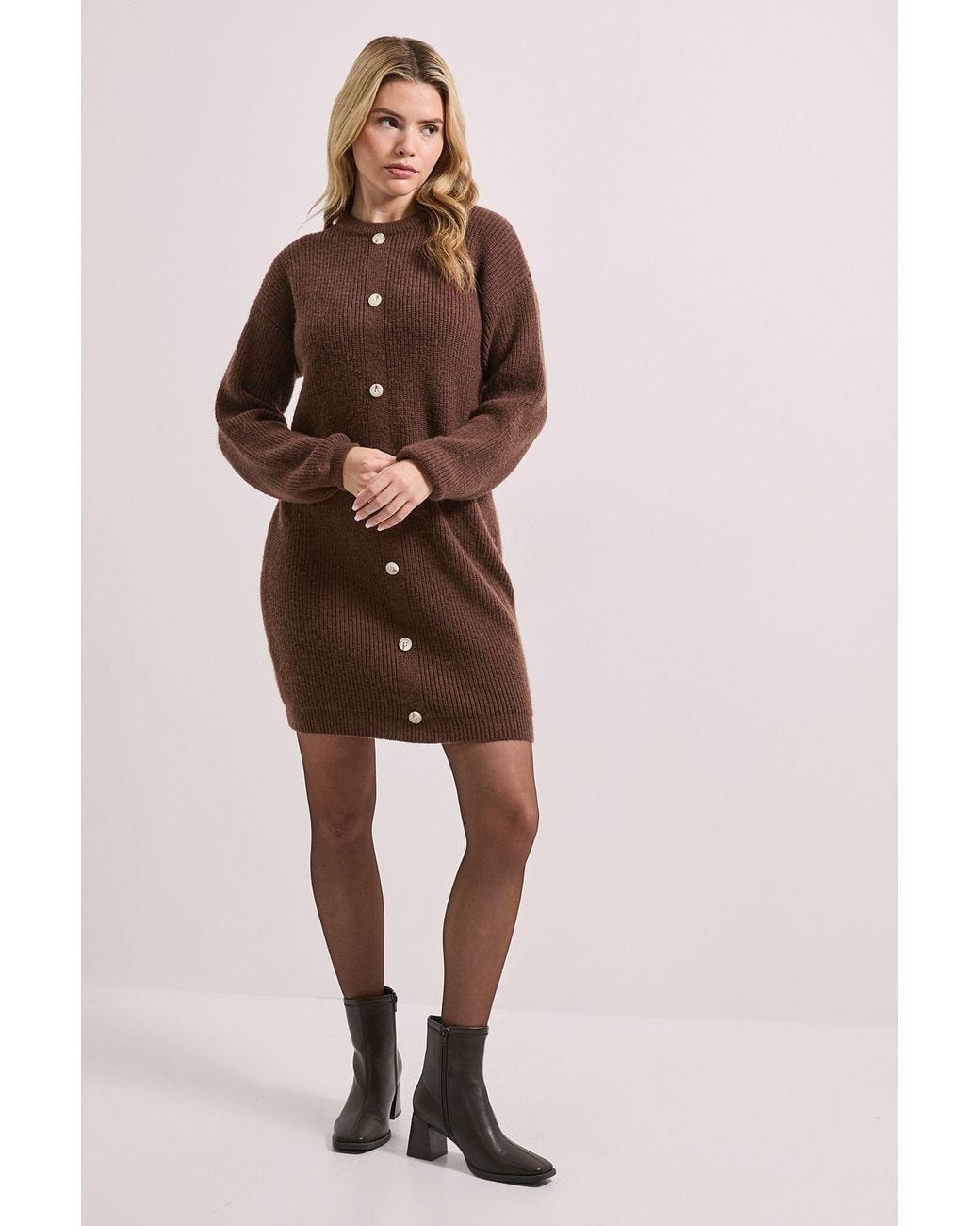 Dorothy Perkins Brown Button Down Knitted Dress
