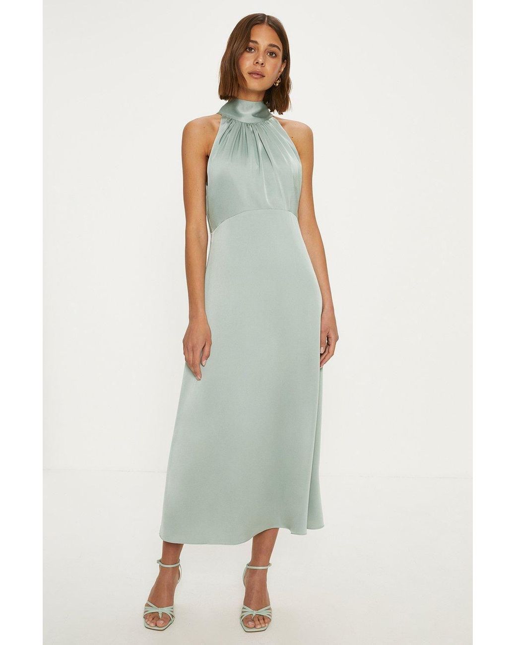 Oasis Green Satin Halter Neck Midi Bridesmaid Dress