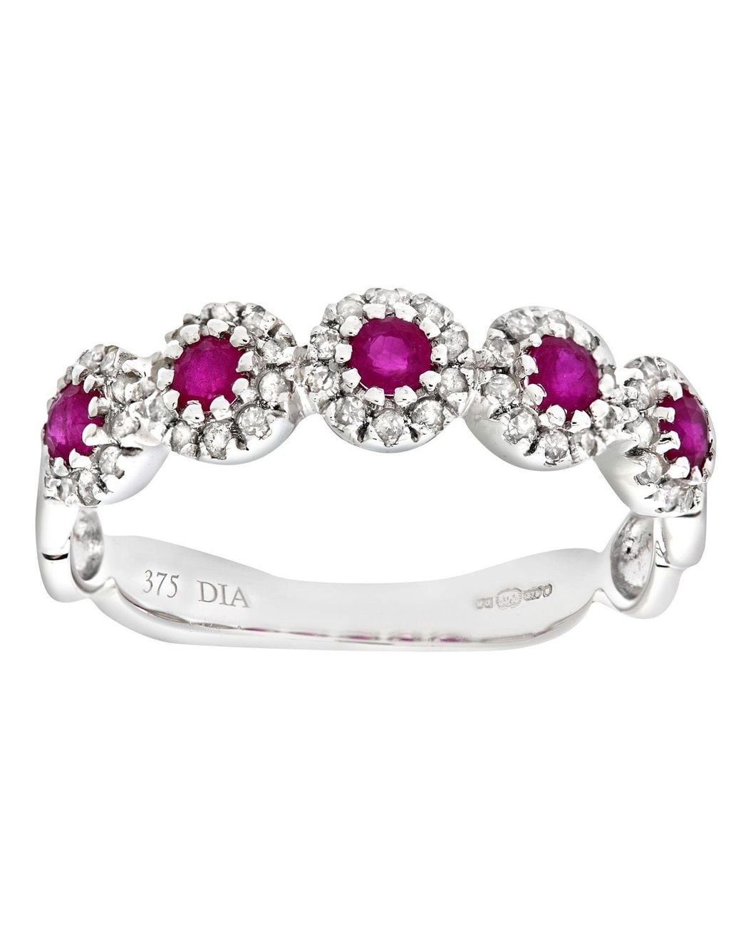 Jewelco London Pink 9Ct Diamond Ruby Bubble Halo Pentalogy Eternity Ring
