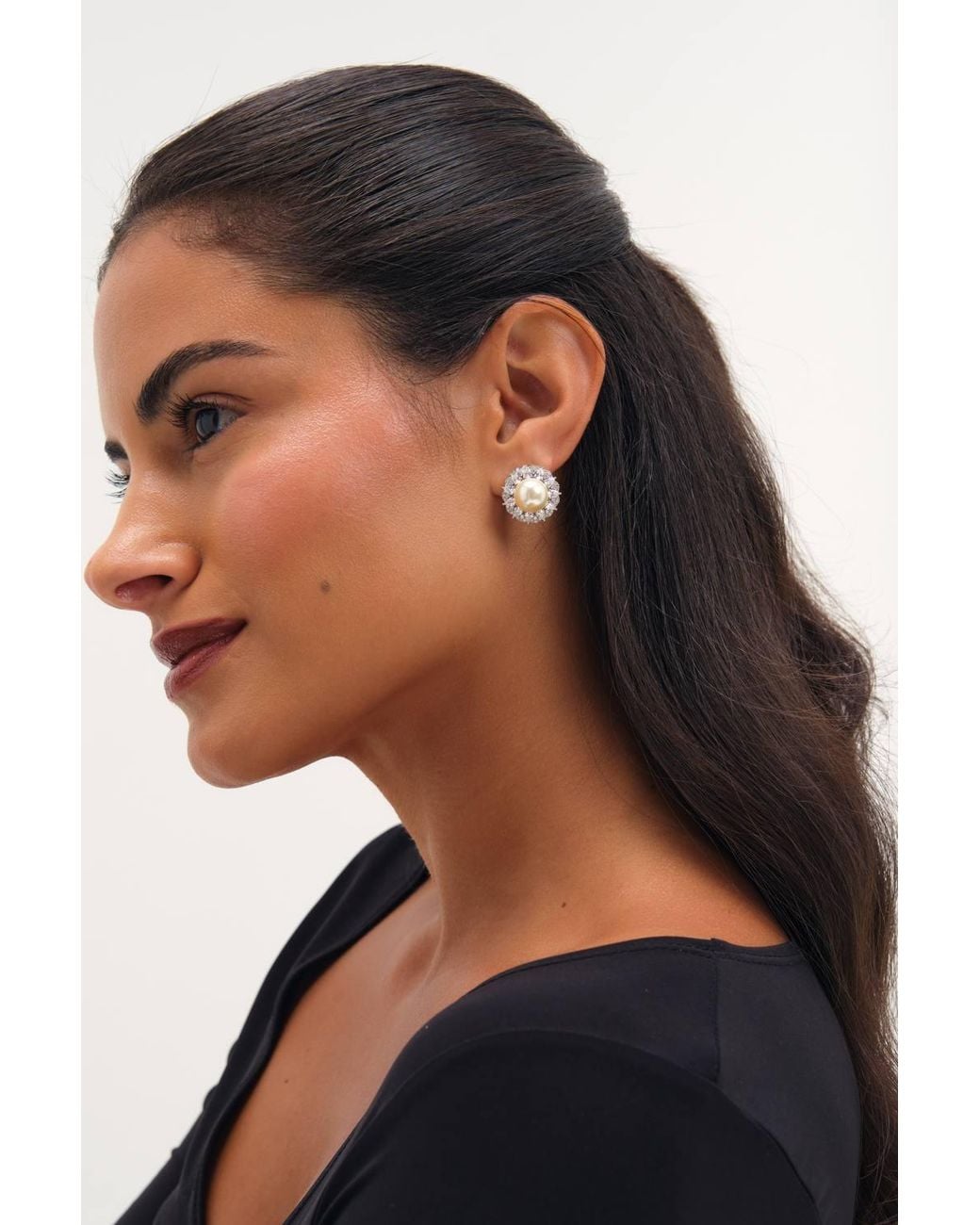 Jon Richard Metallic Rhodium Plated Pearl & Pave Statement Halo Earrings