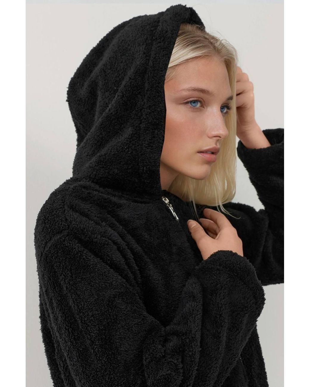 Hiccup Black Textured Full Zip Hooded Fleece Jacket