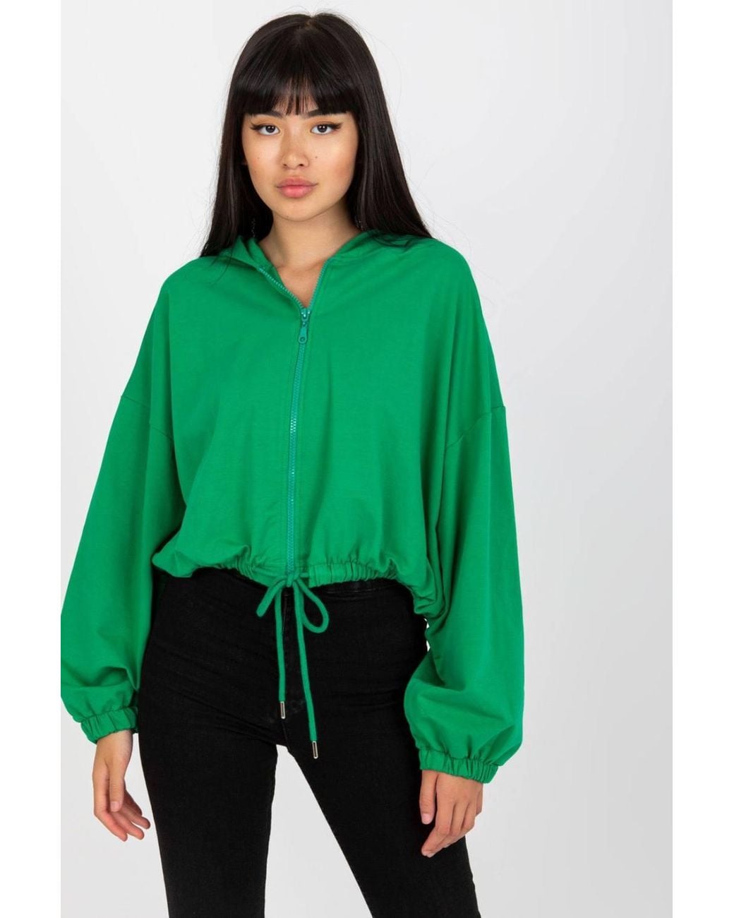 Love Lace Green Zip Hooded Short Sweatshirt Tie Hem Long Sleeves