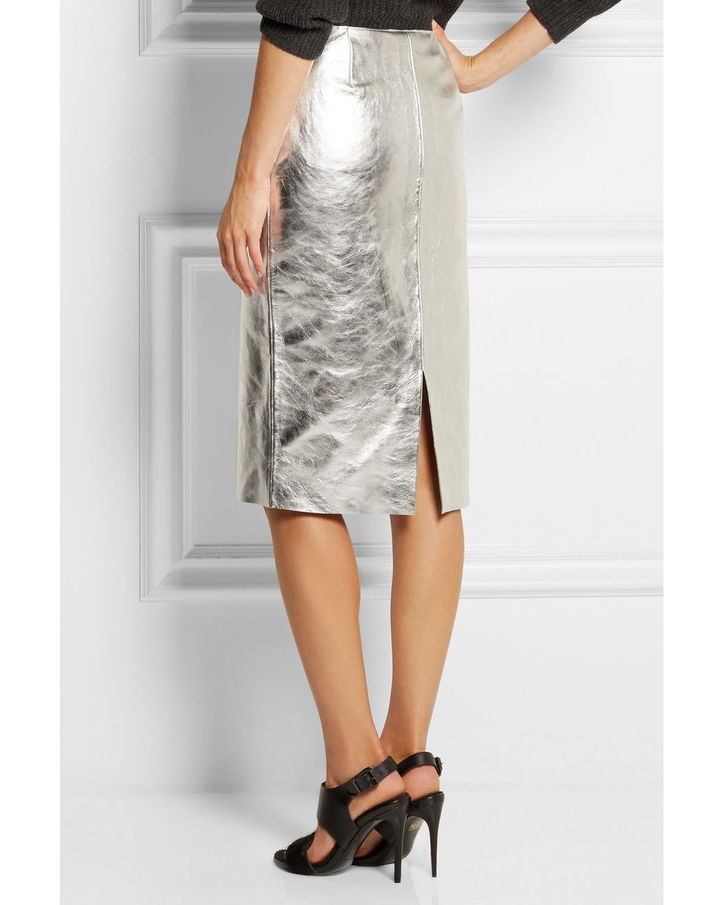 Maje Gallium Metallic Leather Pencil Skirt | Lyst