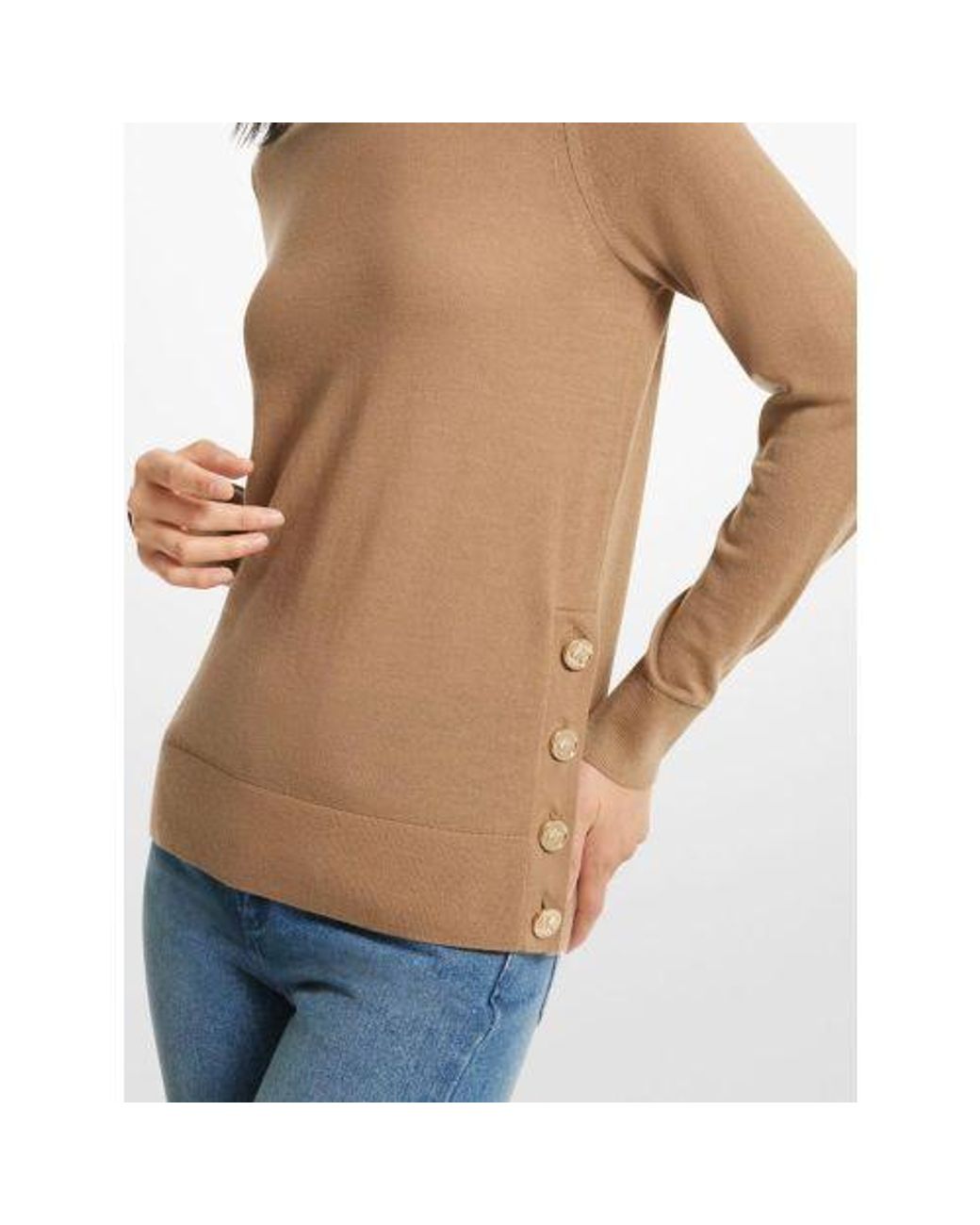 Michael Kors Natural Dark Camel Merino Button Slit Jumper