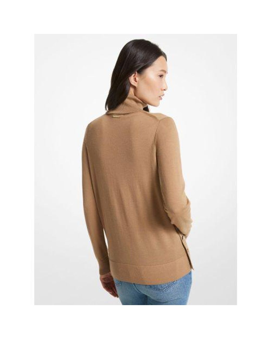 Michael Kors Natural Dark Camel Merino Button Slit Jumper