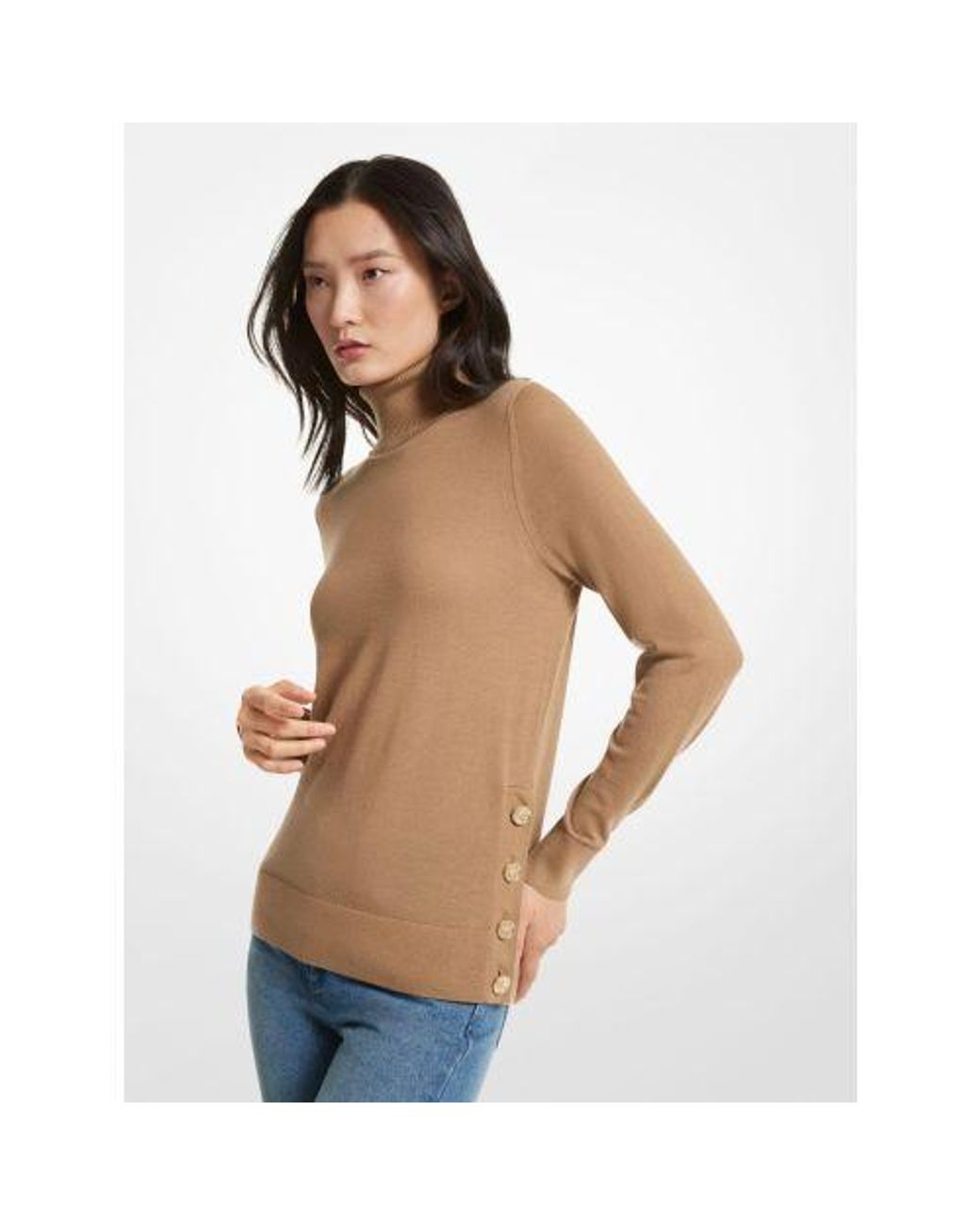 Michael Kors Natural Dark Camel Merino Button Slit Jumper