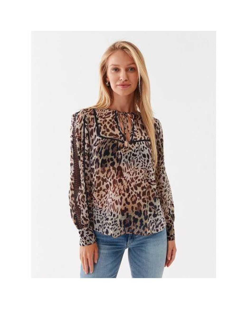 Guess Brown Jaguar Cat Print Long Sleeve Brigida Top