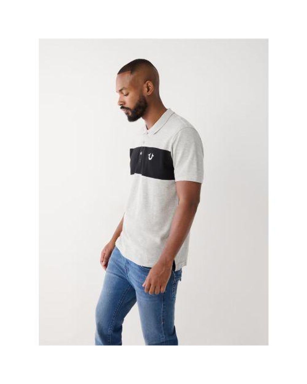 True Religion Gray Heather Colour Block Logo Polo Shirt for men
