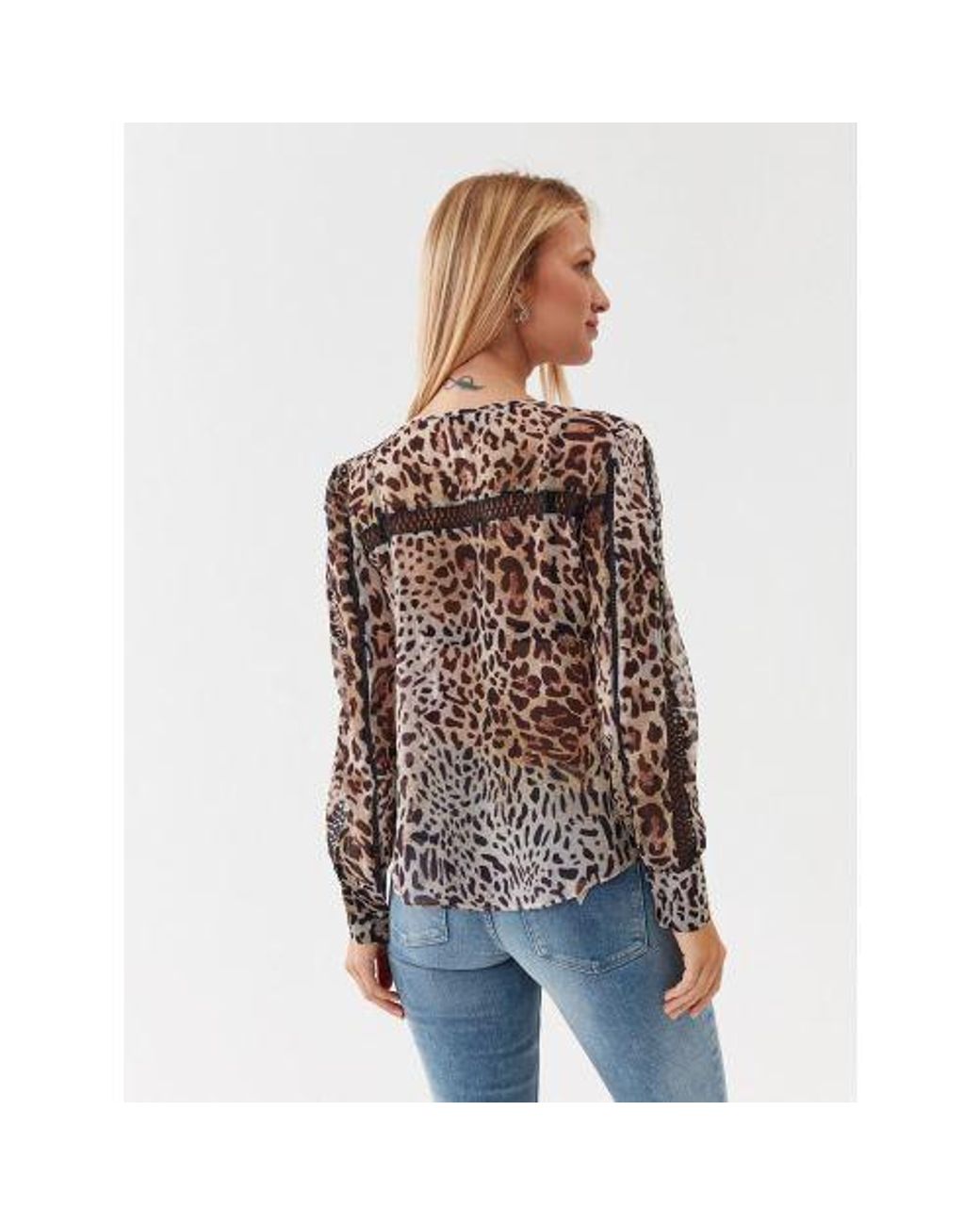 Guess Brown Jaguar Cat Print Long Sleeve Brigida Top