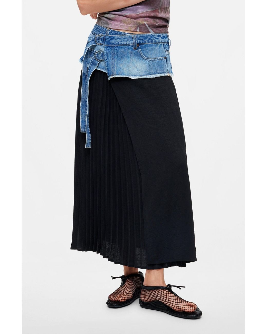 Desigual White Long Pleated Denim Skirt