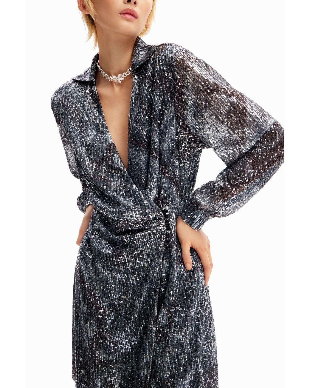 Desigual Blue Short Sequinned Wrap Dress, Polyester