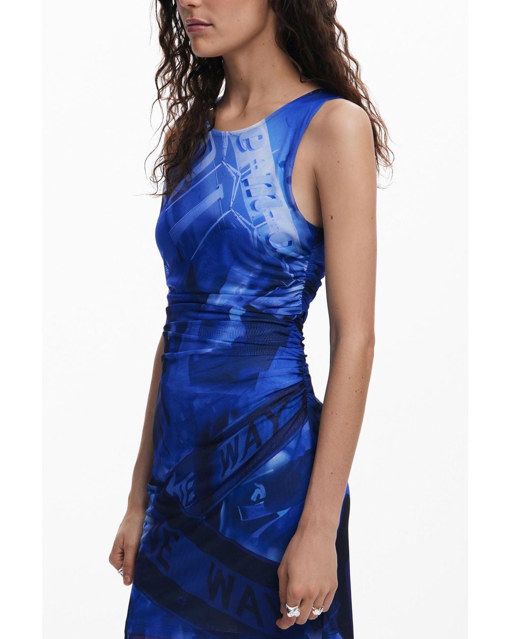 Desigual Blue Draped Short Dress, Polyester