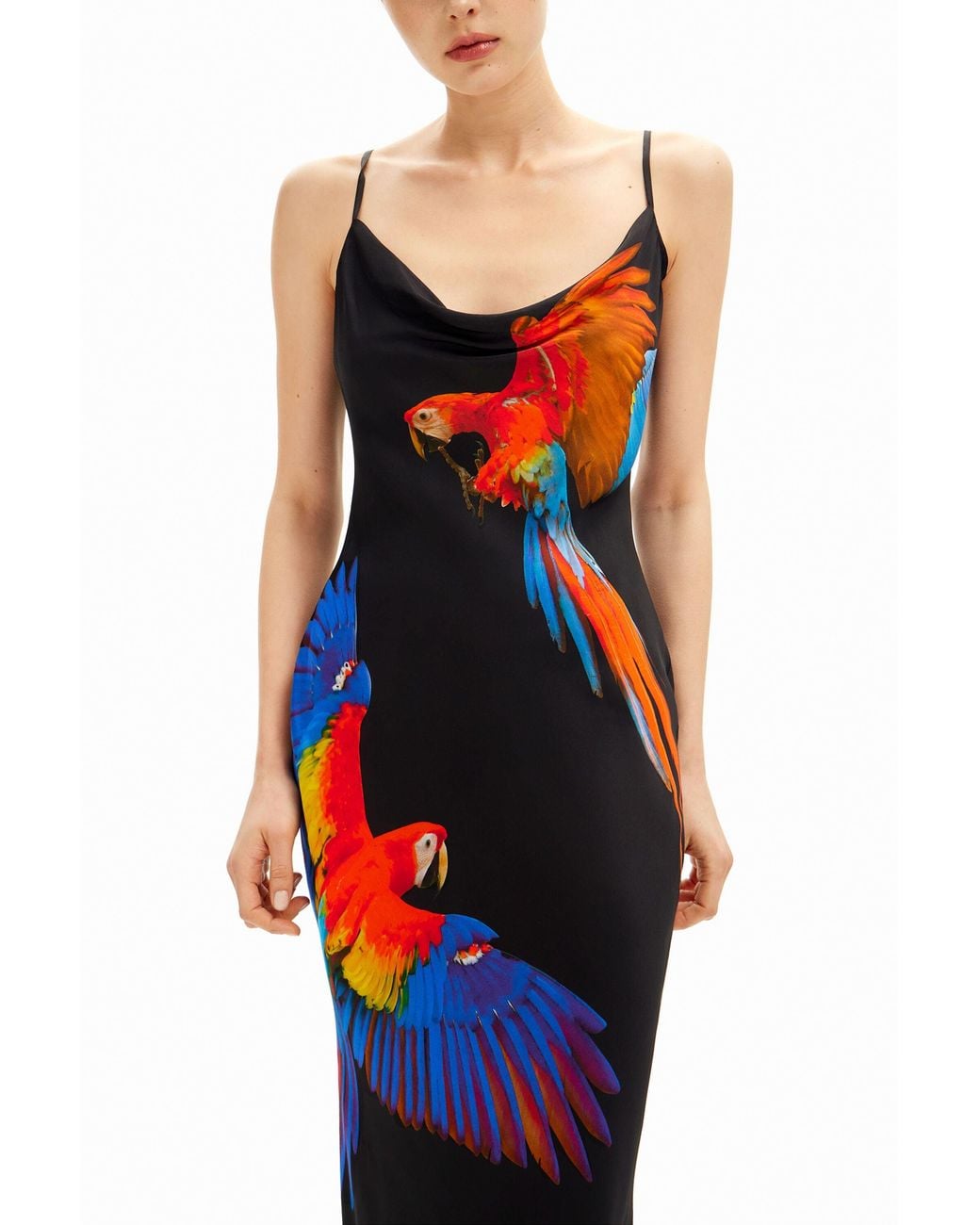 Desigual Blue Tyler Mcgillivary Tropical Parrot Satin Strappy Dress, Viscose