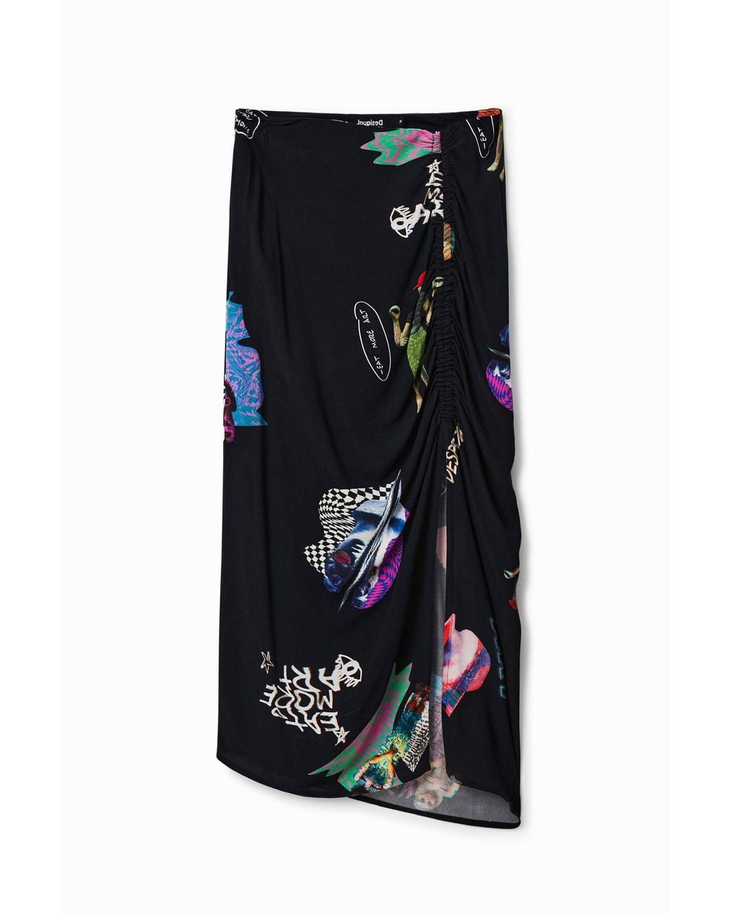 Desigual Black Collage Slim Midi Skirt, Viscose