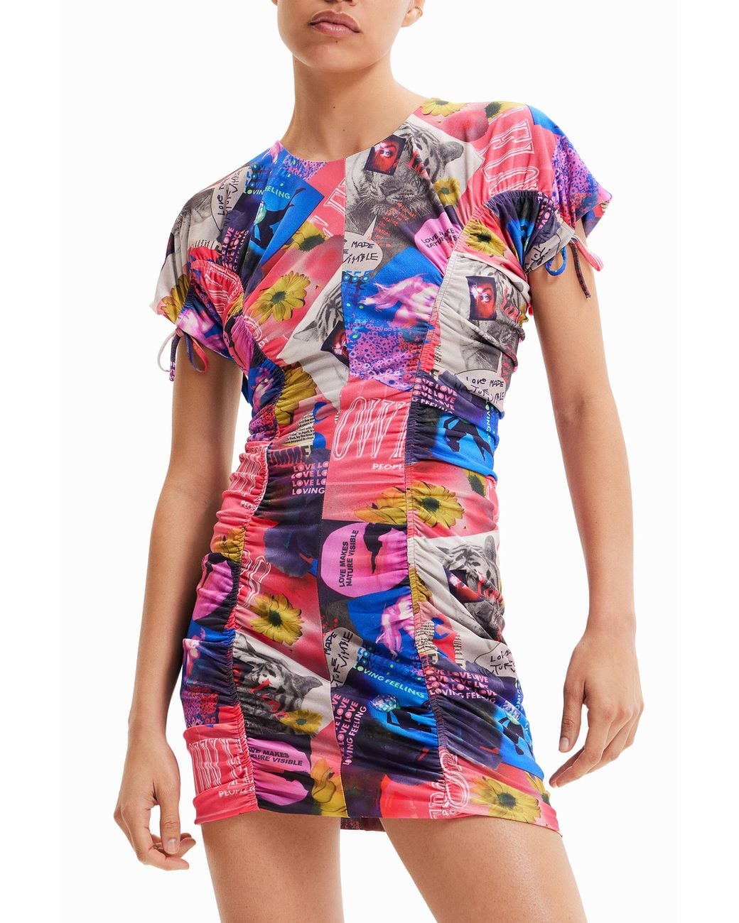 Desigual White Slim Ruched Collage Mini Dress, Polyester