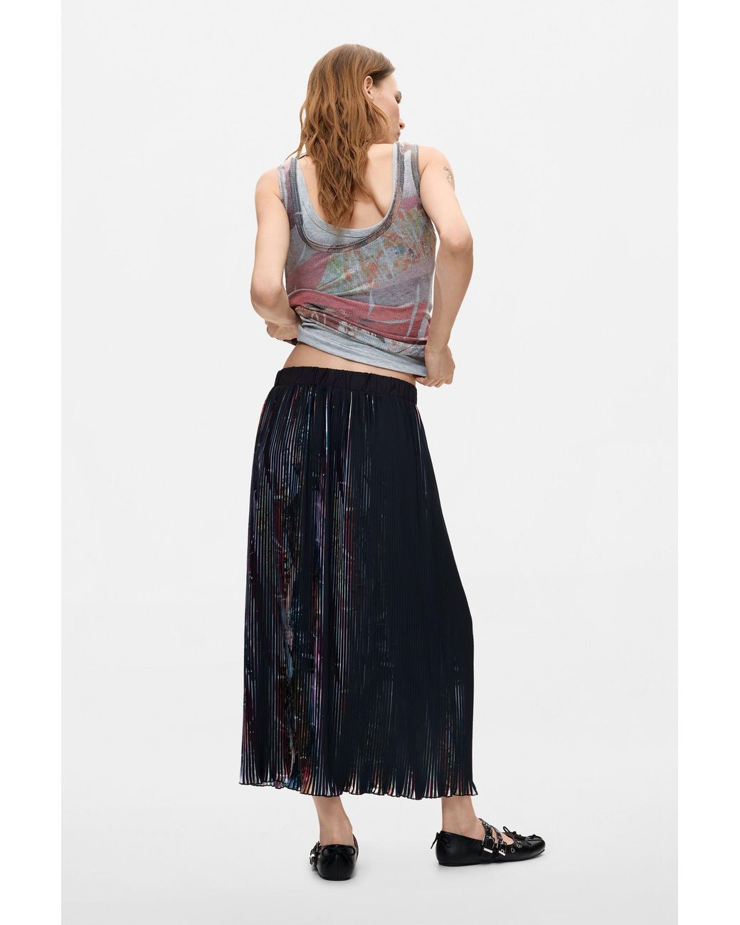 Desigual White Floral Midi Pleated Skirt, Polyester
