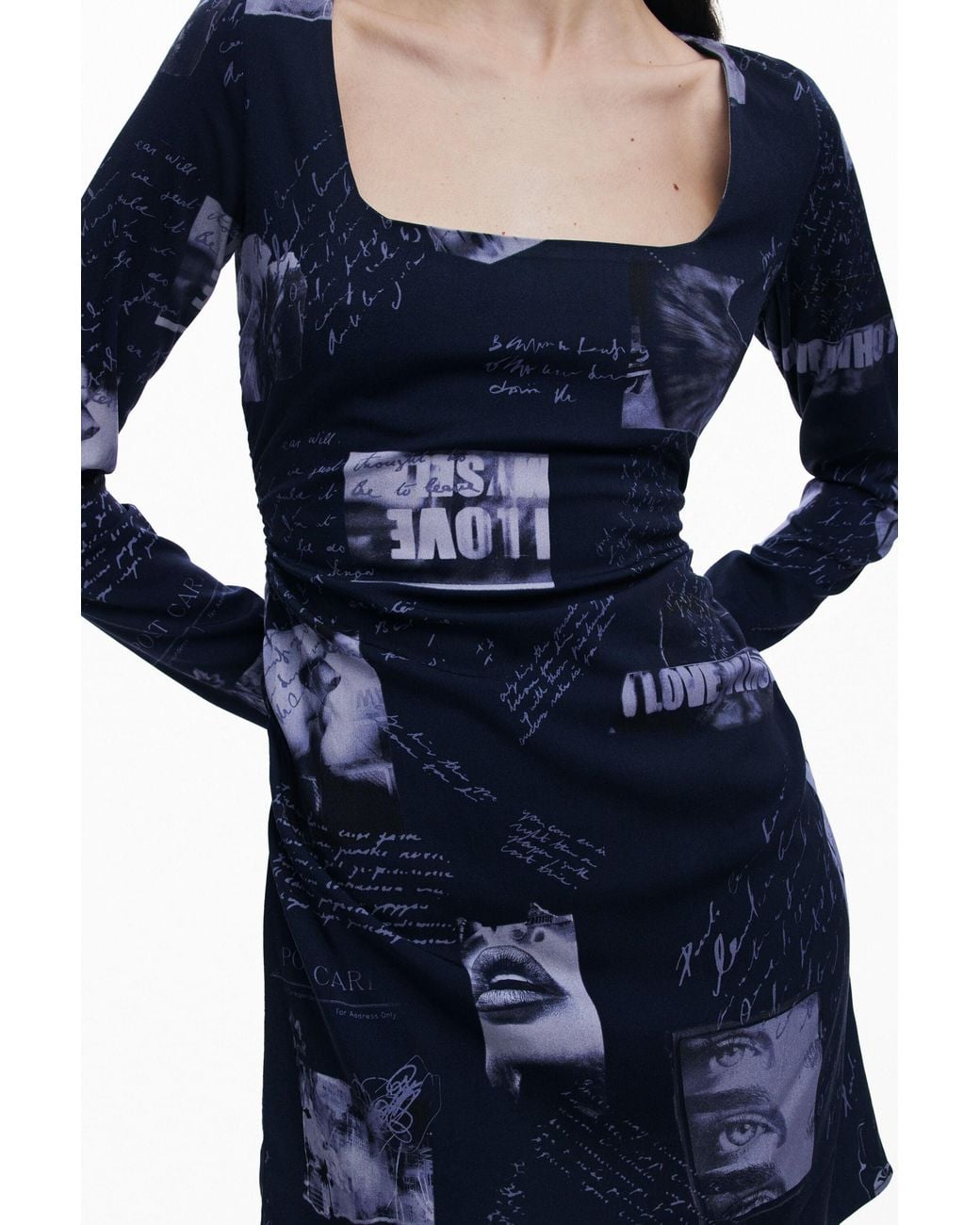 Desigual Blue Postcard Square Neck Dress, Viscose