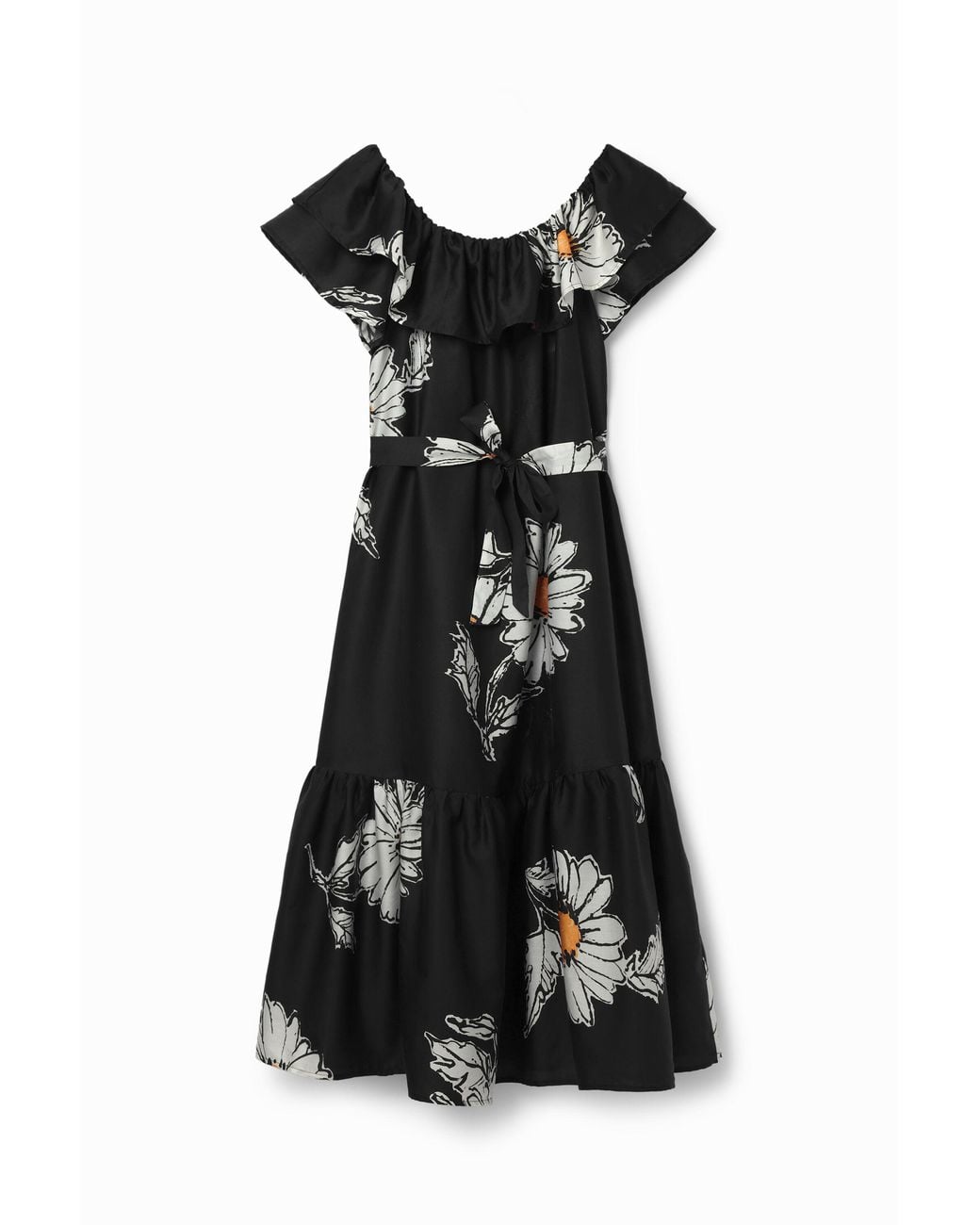 Desigual Black Daisy Ruffle Midi Dress, Cotton