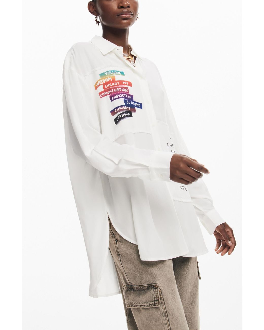Desigual White Letter Print Shirt, Viscose