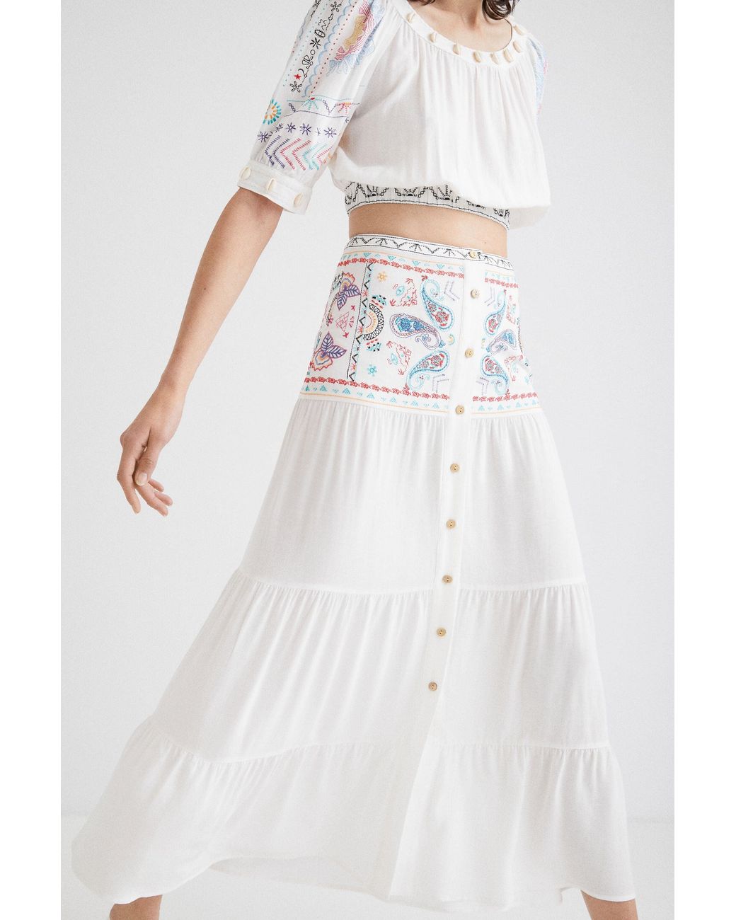 Desigual White Long Paisley Skirt