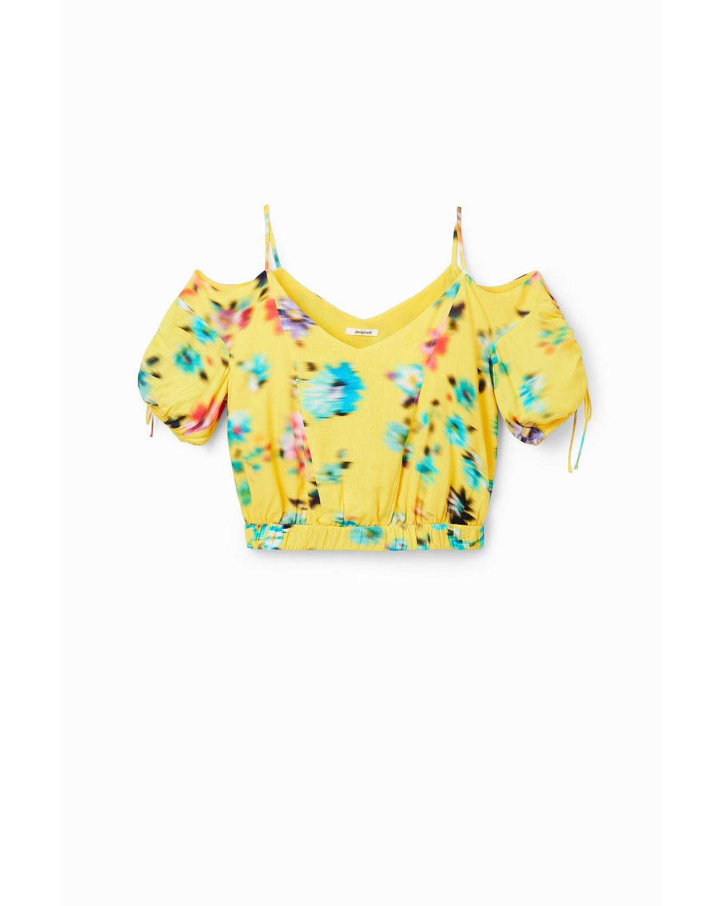 Desigual Yellow Short Gathered Floral Blouse, Viscose