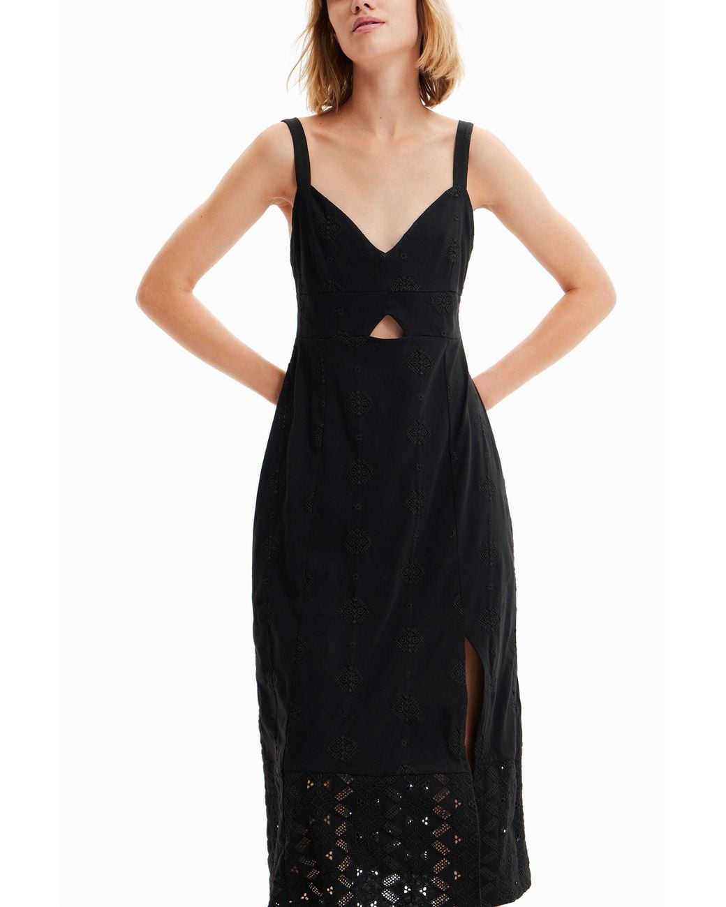 Desigual Black Embroidered Midi Dress, Cotton