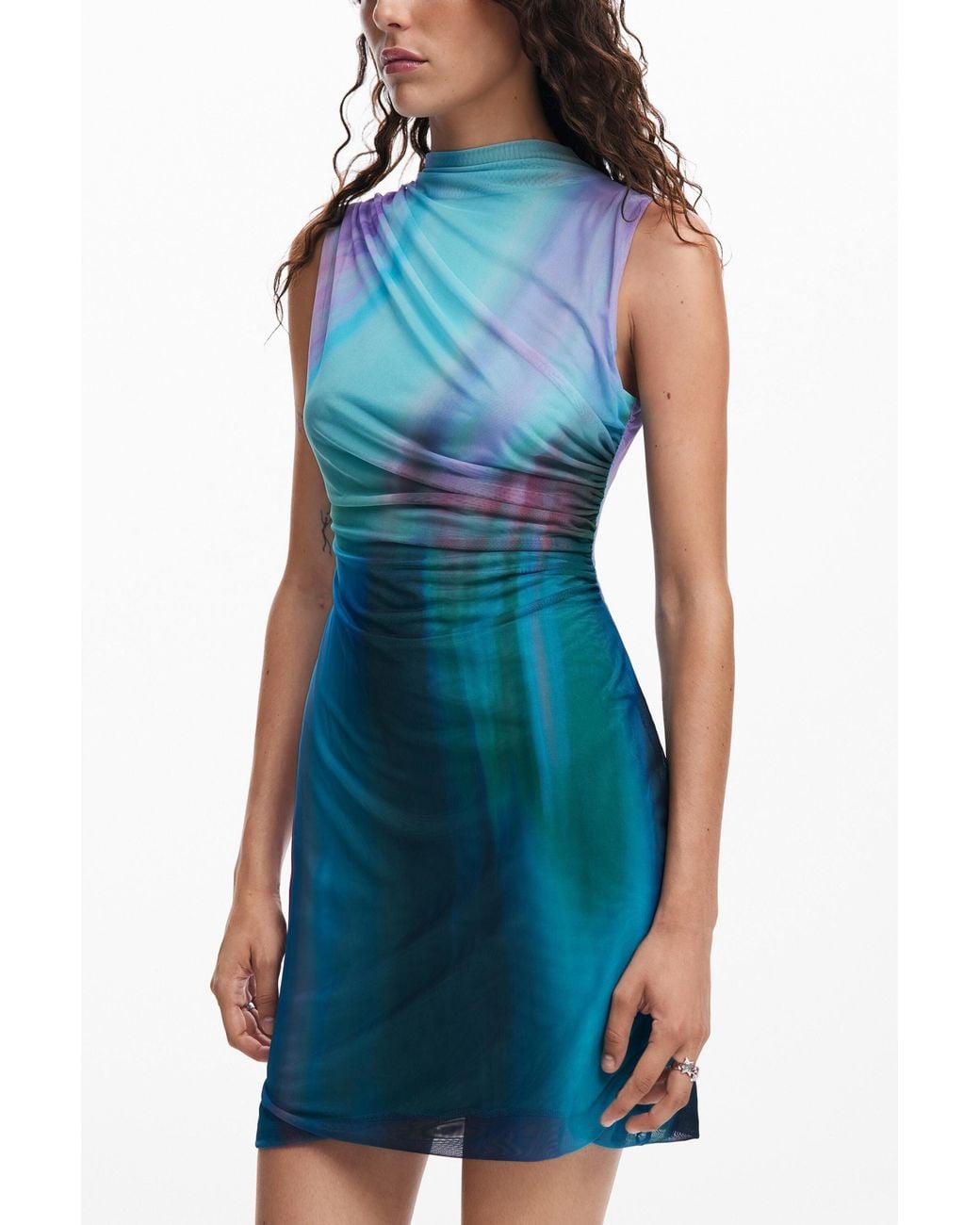 Desigual Blue Tulle Dress With Gradient Effect, Polyester