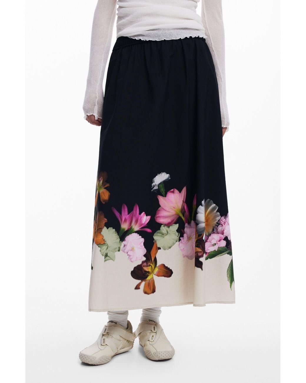 Desigual White Floral Midi Skirt, Cotton